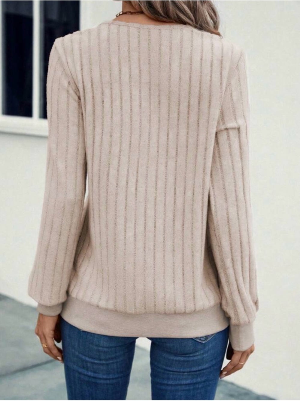 SHEIN Cream Ribbed V-Neck Sweater - Picture 2 of 3